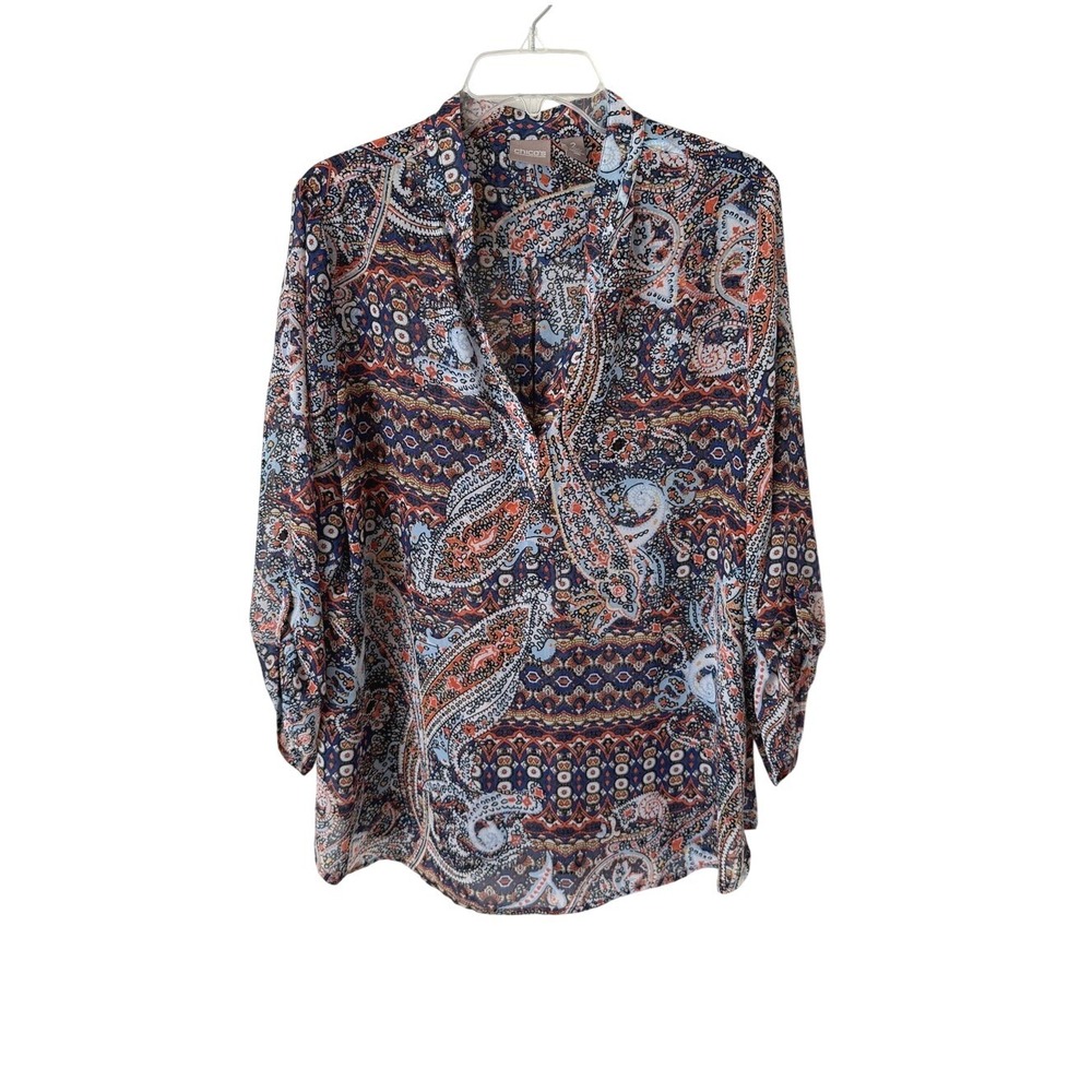 Chico's Paisley Boho Print V-Neck Blouse Roll Tab Sleeves Chiffon Relaxed Fit Lg